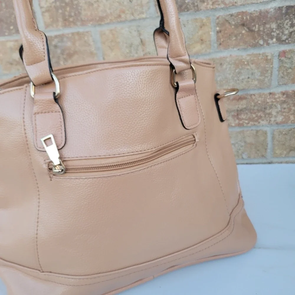 Tan Faux Leather Satchel Handbag Gold Tone‎ Hardware Multi Compartment Tote Bag
